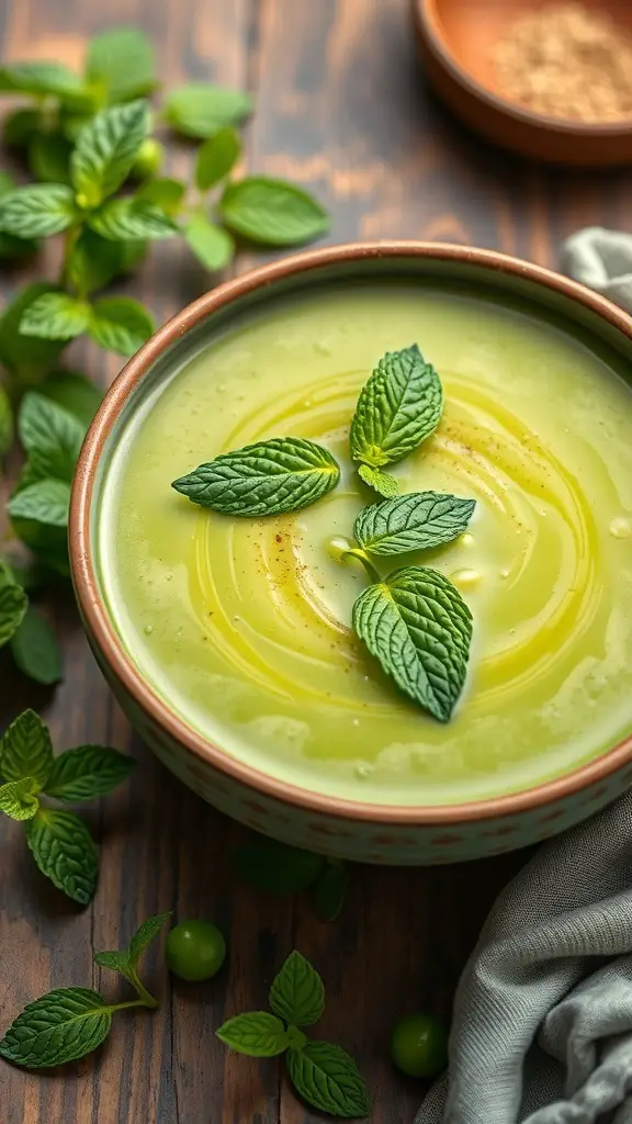 A bowl of vibrant green pea and mint soup garnished with fresh mint leaves, surrounded by mint sprigs and green peas on a wooden table.