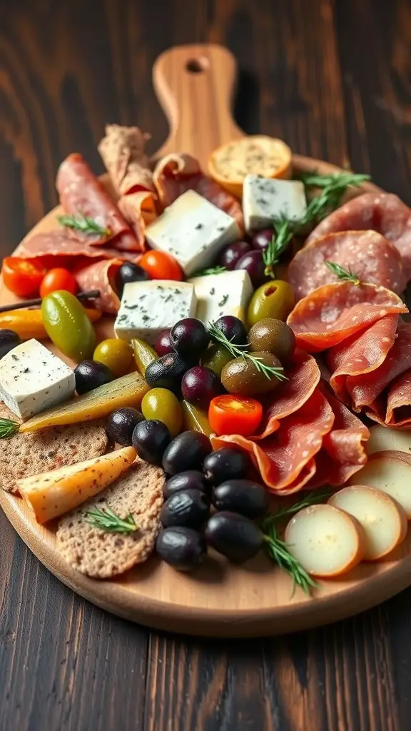 A beautifully arranged Italian antipasto platter featuring cured meats, cheeses, olives, and fresh vegetables on a wooden board.