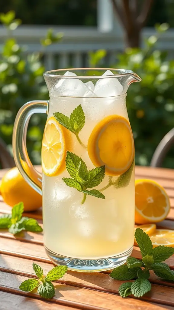 A pitcher of homemade lemonade with fresh mint and lemon slices on a wooden table.