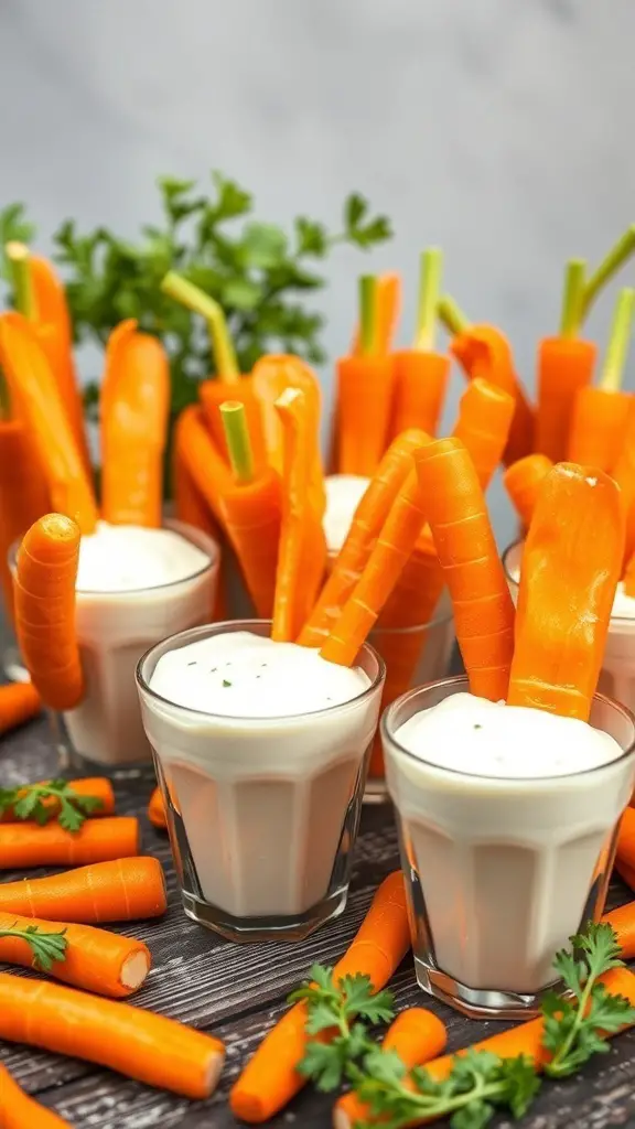 Carrot-shaped veggie cups with creamy dip and fresh carrots
