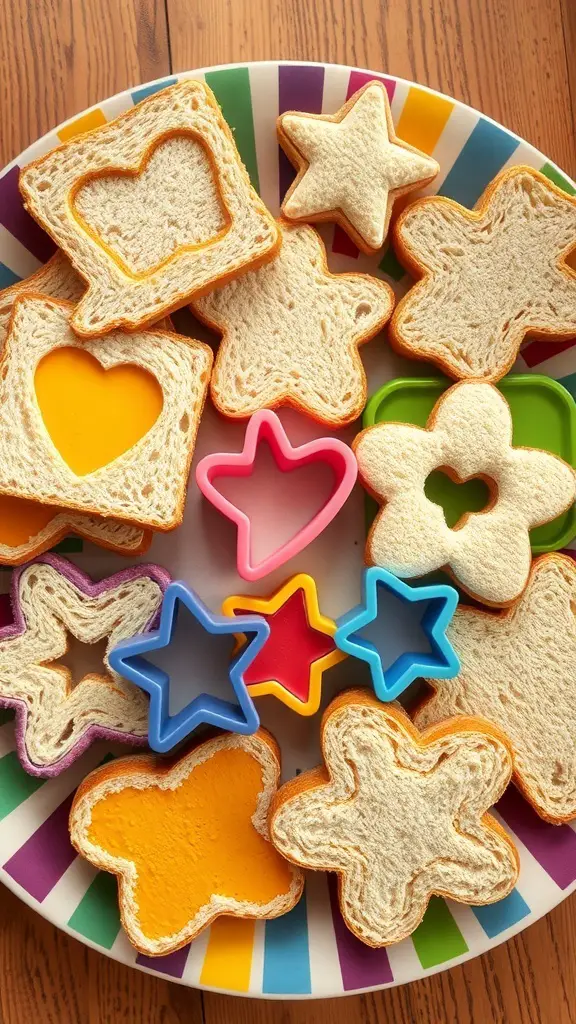 A colorful plate filled with sandwiches cut into fun shapes like stars and hearts, surrounded by cookie cutters.
