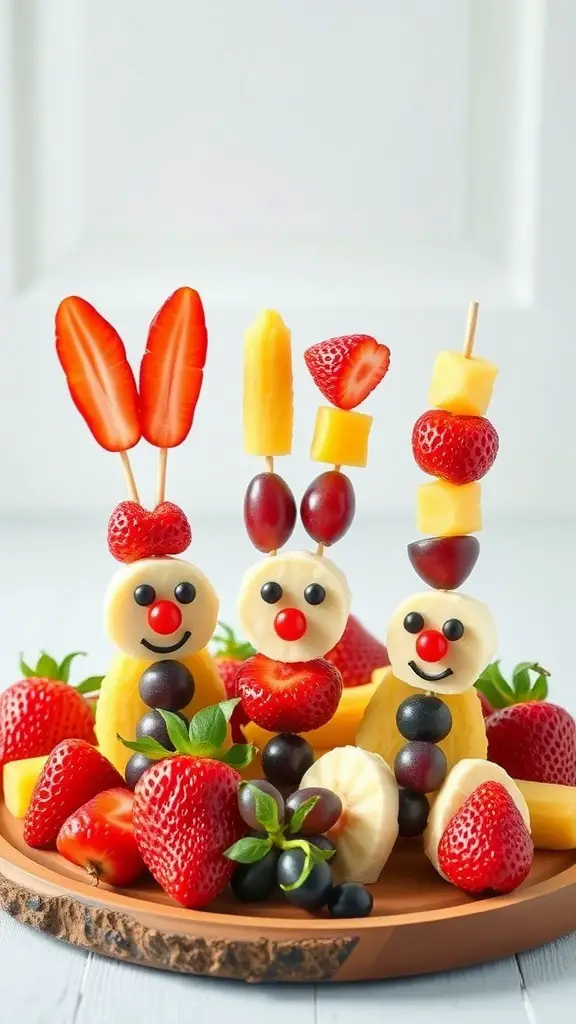 Colorful bunny-shaped fruit kabobs made with strawberries, pineapple, and grapes.