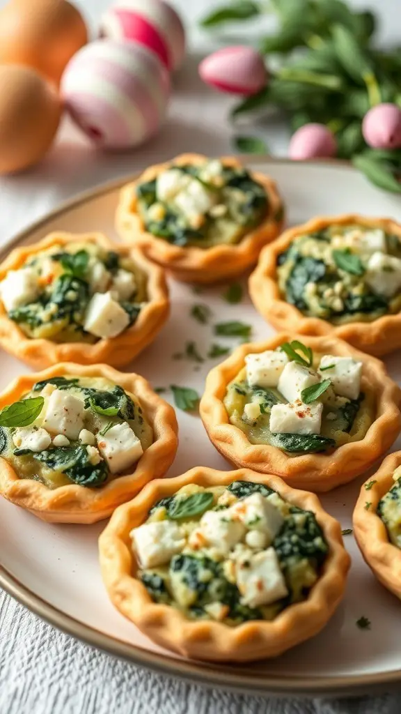 Mini spinach and feta pies on a plate with Easter decorations in the background.