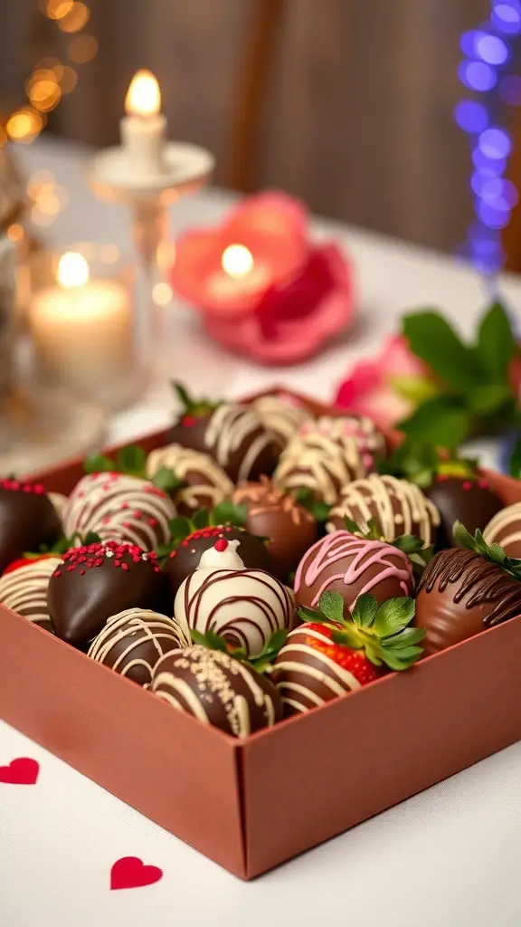 A box of chocolate-covered strawberries decorated with various toppings, set against a romantic backdrop.
