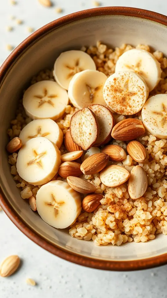 A quinoa breakfast bowl topped with sliced bananas and almonds