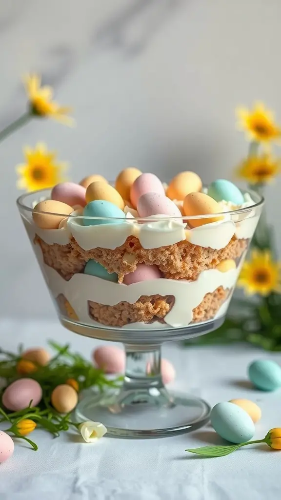 A colorful Easter Egg Trifle with layers of cake and cream, topped with pastel egg candies.