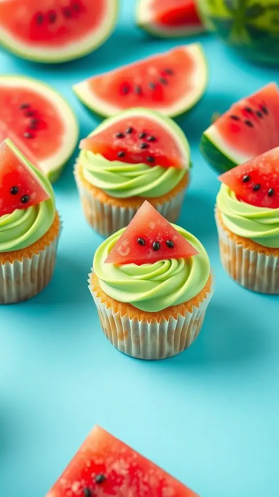 Colorful watermelon slice cupcakes with green frosting and gummy watermelon slices on top.