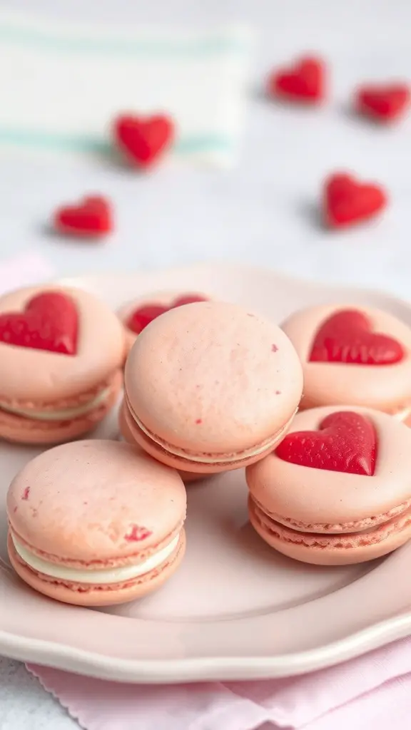 A plate of raspberry macarons with heart fillings, surrounded by small heart-shaped decorations.