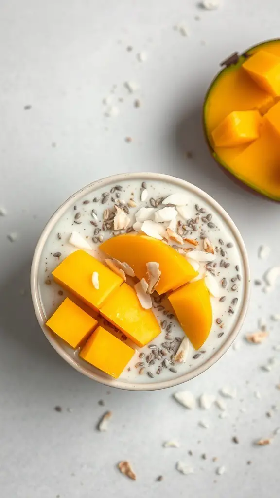 A bowl of mango chia seed pudding topped with fresh mango and coconut flakes.