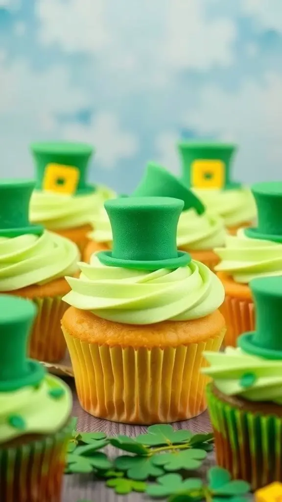 Leprechaun cupcakes with green frosting and fondant hats