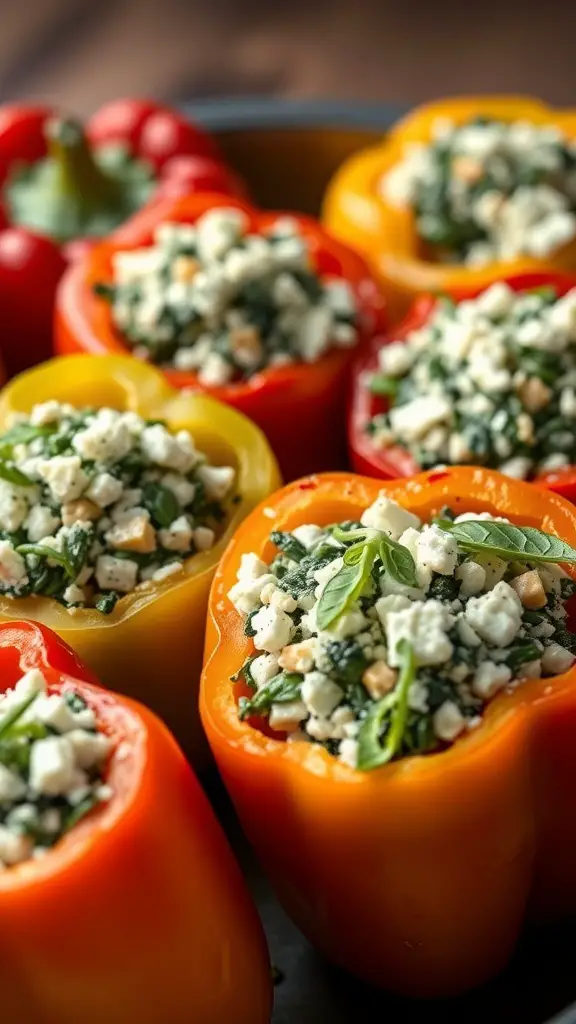 Colorful stuffed peppers filled with spinach and feta cheese