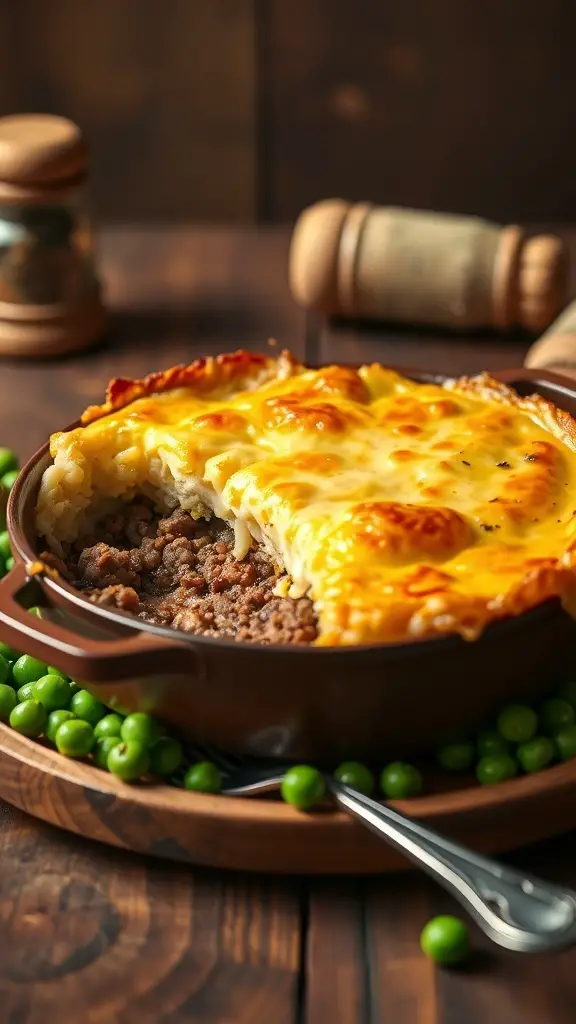 A delicious Shepherd's Pie with a golden crust, served with green peas.