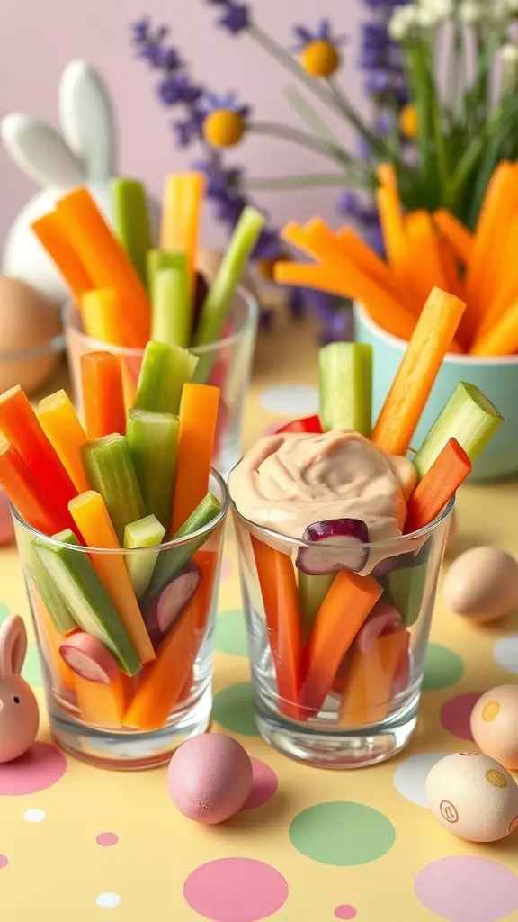 Colorful veggie cups filled with carrots, celery, and radishes, with a dip on the side, set on a festive table.
