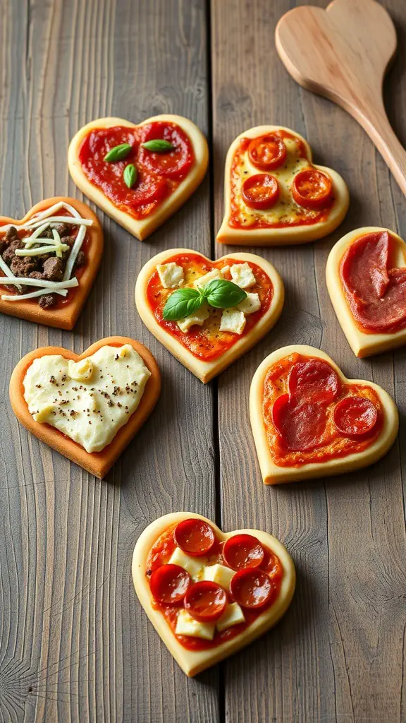 A variety of mini heart-shaped pizzas with different toppings on a wooden surface.