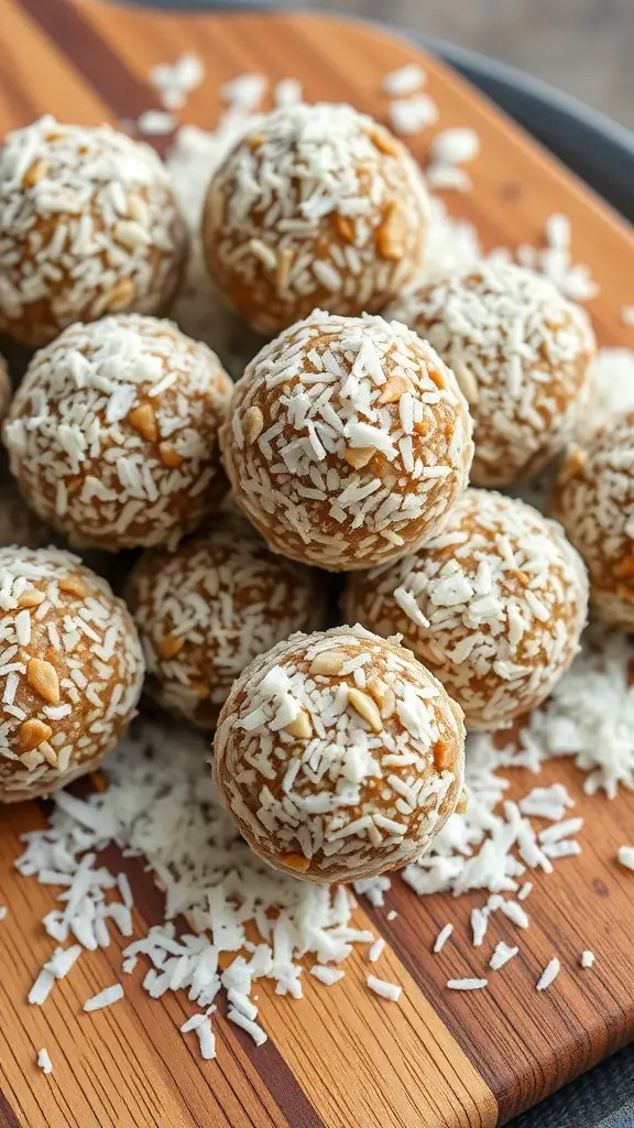 A close-up of nutty energy balls coated in shredded coconut on a wooden board.