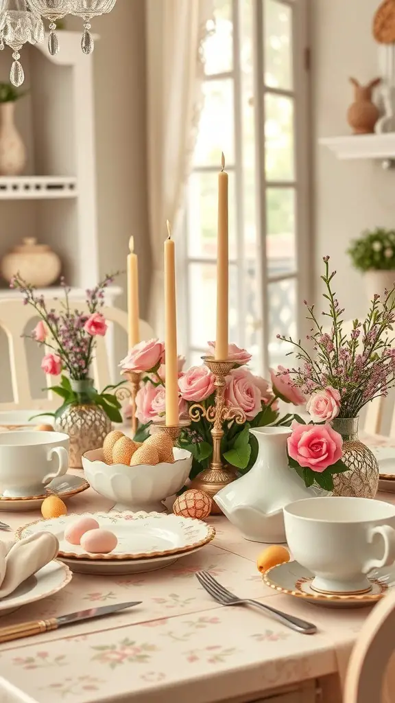 A charming Easter table scape featuring vintage dishware, floral arrangements, and decorative elements.