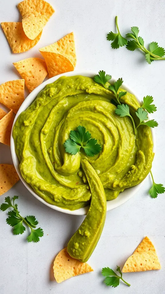 A bowl of Shamrock Guacamole Dip surrounded by tortilla chips and fresh cilantro.