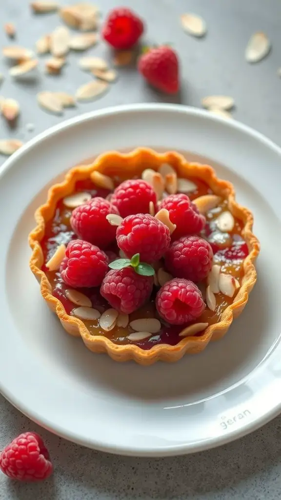 A raspberry almond tart topped with fresh raspberries and slivered almonds on a white plate.