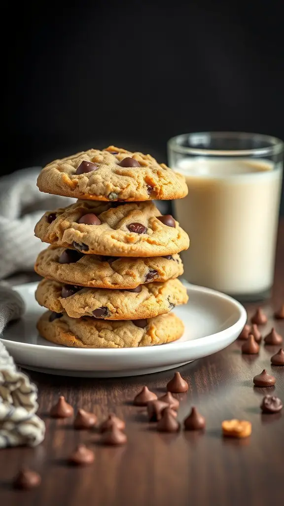 A stack of peanut butter chocolate chip cookies on a plate with a glass of milk beside it.