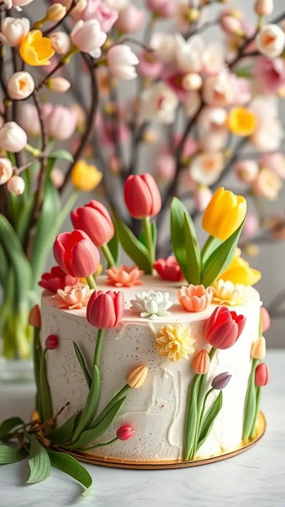 A beautifully decorated cake with tulip-inspired fondant accents in vibrant colors, surrounded by real flowers.