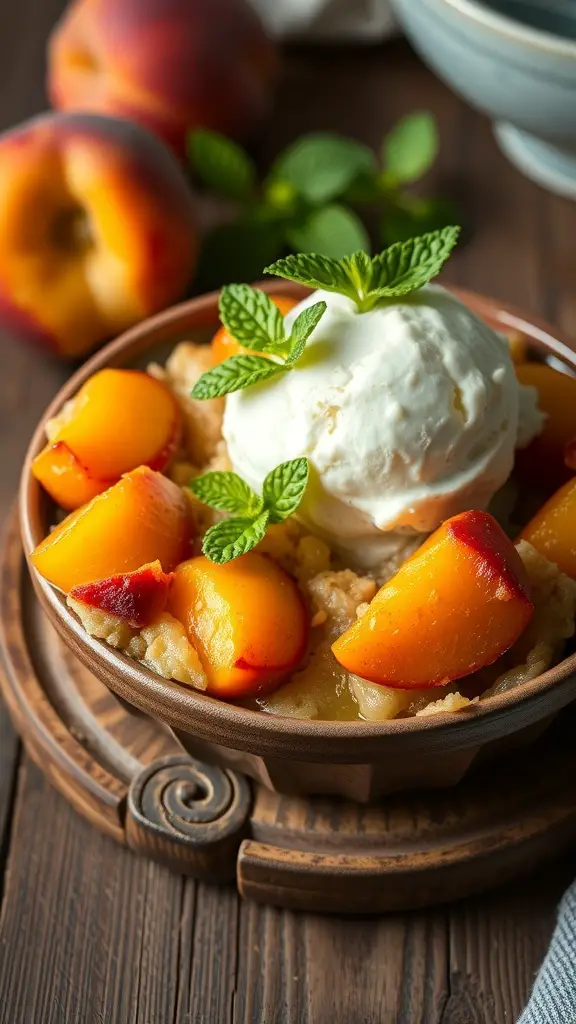 A bowl of peach cobbler topped with vanilla ice cream and mint leaves, with fresh peaches in the background.