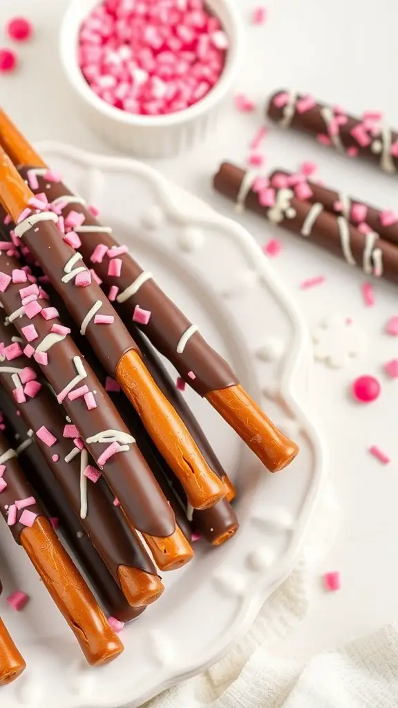 Chocolate-dipped pretzel rods decorated with pink and white sprinkles on a plate.