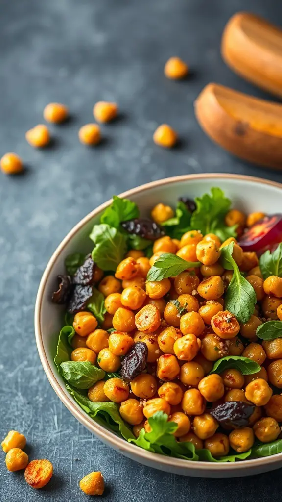 A bowl of crispy chickpea and sweet potato salad with greens and dried fruits.