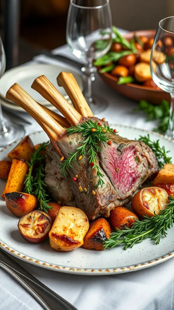 A beautifully presented herb-crusted rack of lamb with roasted vegetables on a plate.