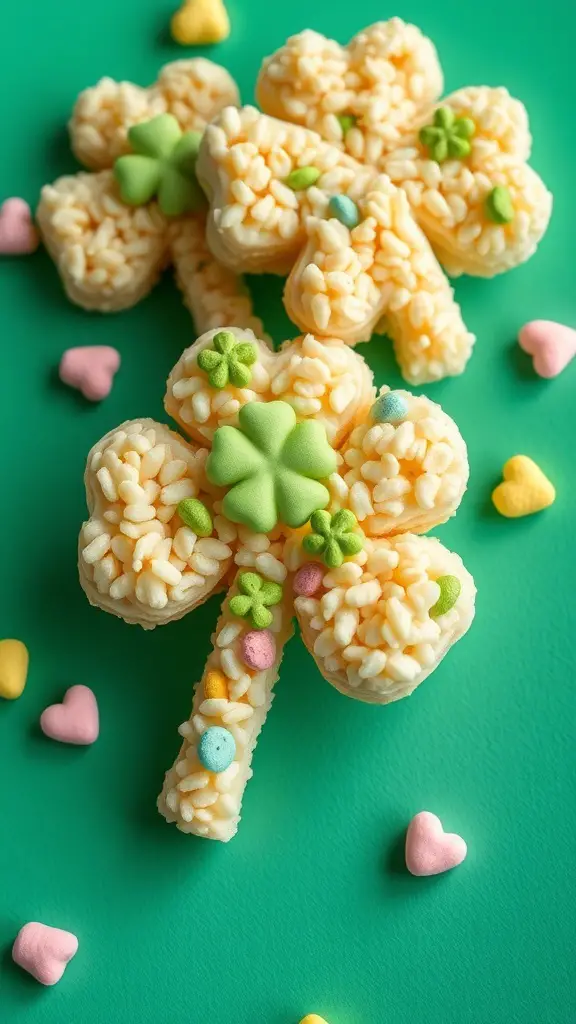 Shamrock-shaped marshmallow treats decorated with colorful candies on a green background
