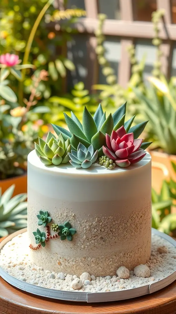 A beautifully designed cake with edible succulents on top, set against a garden background.