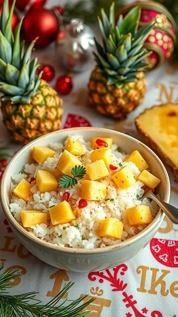 A bowl of pineapple coconut rice topped with fresh pineapple cubes, surrounded by pineapples and festive decorations.