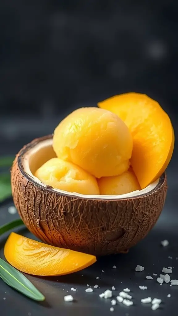 Mango Coconut Sorbet in a coconut shell with mango slices