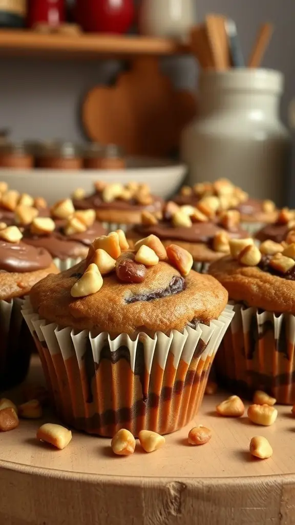 Nutella swirl muffins topped with hazelnuts on a wooden surface