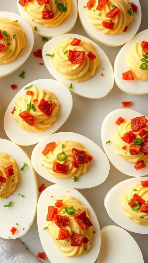 A plate of deviled eggs topped with red pepper and green onion.
