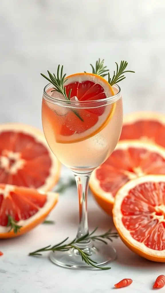 A sparkling grapefruit mocktail garnished with rosemary and a slice of grapefruit, surrounded by halved grapefruits.