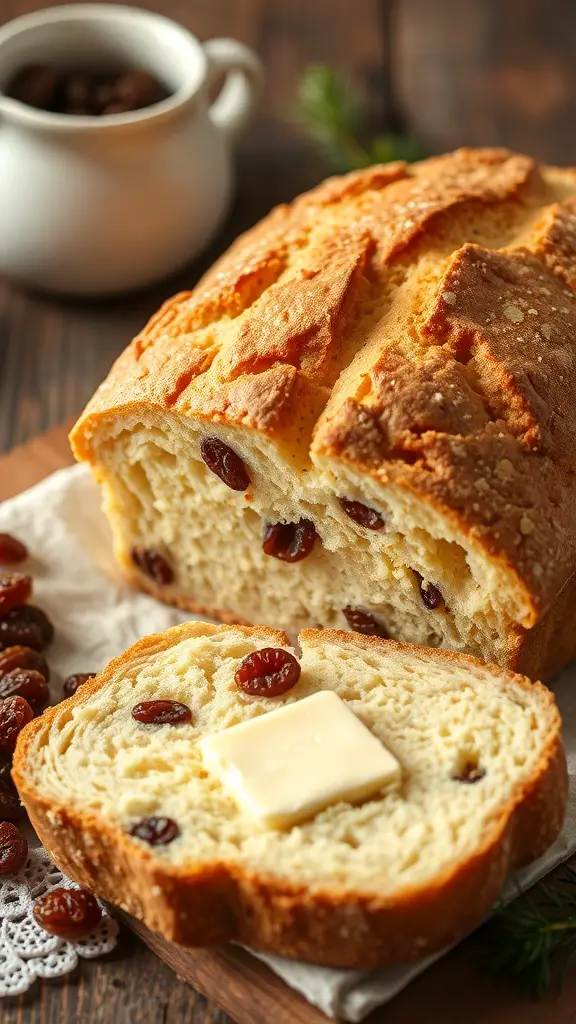 A loaf of Irish soda bread with raisins, sliced and topped with butter, with a cup of raisins in the background.