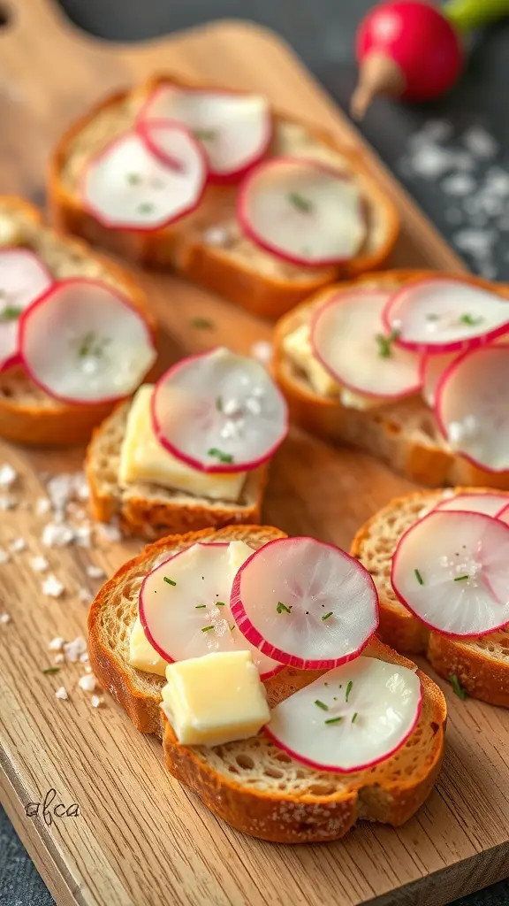 Radish and butter sandwiches on a wooden board