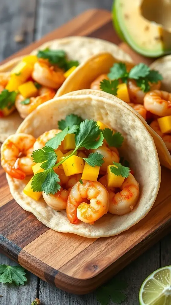 Shrimp tacos with mango salsa on a wooden board