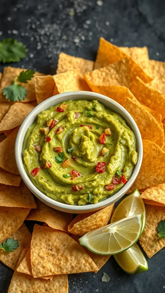 A bowl of guacamole surrounded by tortilla chips and lime wedges