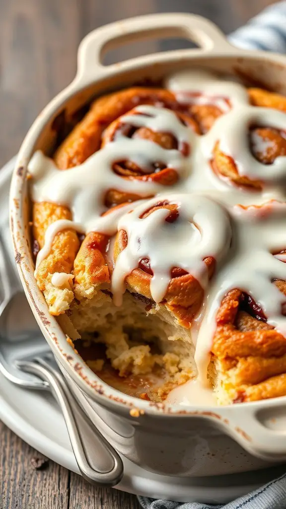 A close-up of a cinnamon roll casserole topped with icing, served in a baking dish.