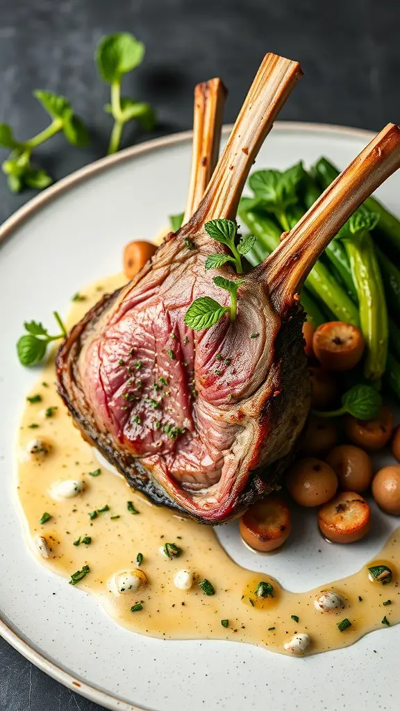 A beautifully plated herb-crusted rack of lamb with green vegetables and a creamy sauce.