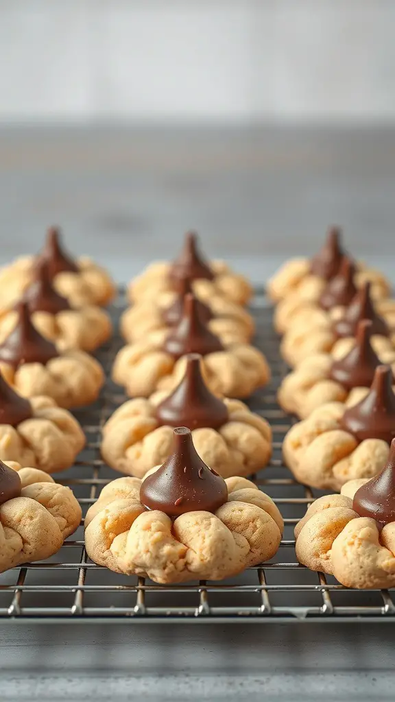 A tray of freshly baked Peanut Butter Blossoms cookies topped with chocolate kisses.