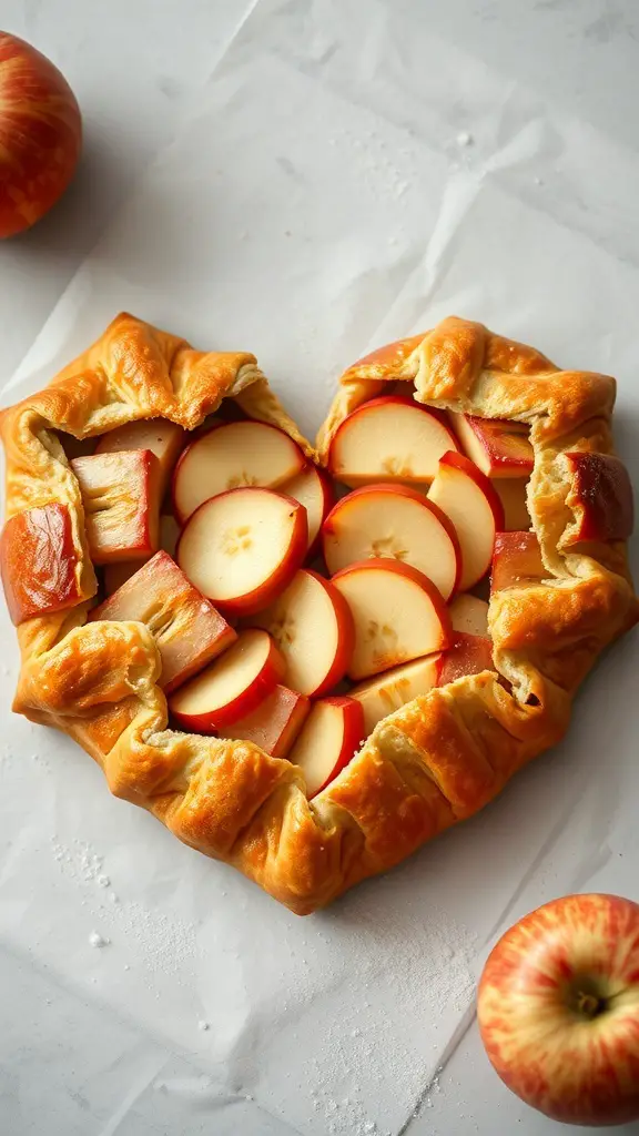 A heart-shaped apple galette with sliced apples inside a golden crust, surrounded by whole apples.