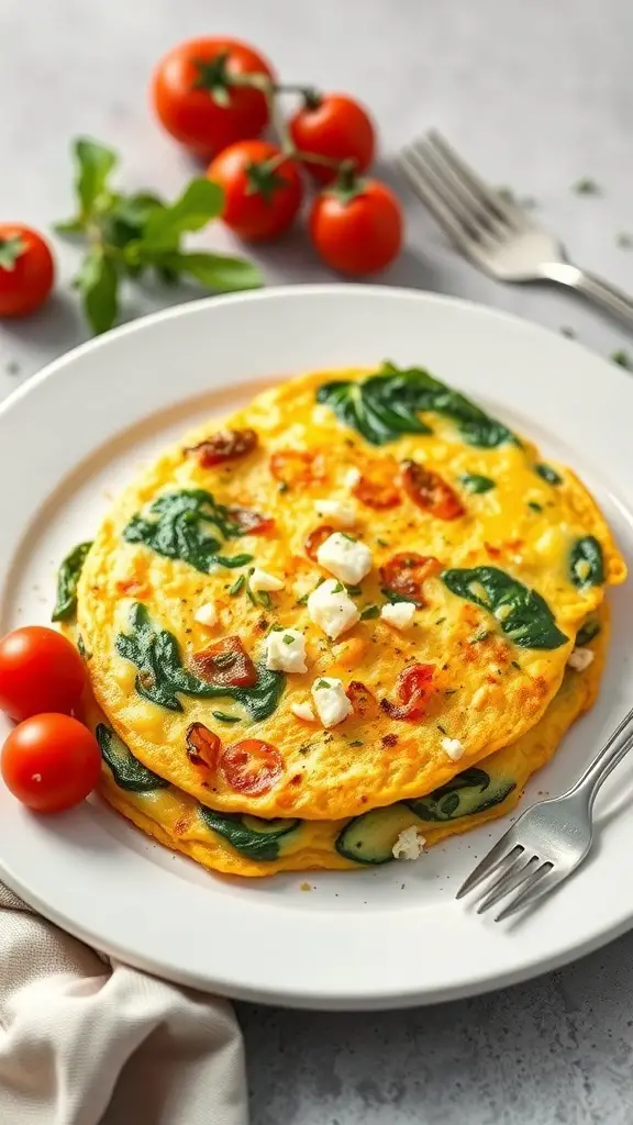 A delicious spinach and feta omelette served with cherry tomatoes.