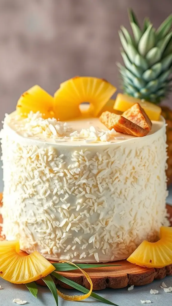 A beautifully decorated Pineapple Coconut Cake with fresh pineapple slices and shredded coconut on top.