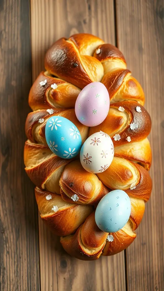 A beautifully braided Easter bread topped with colored eggs on a wooden surface.