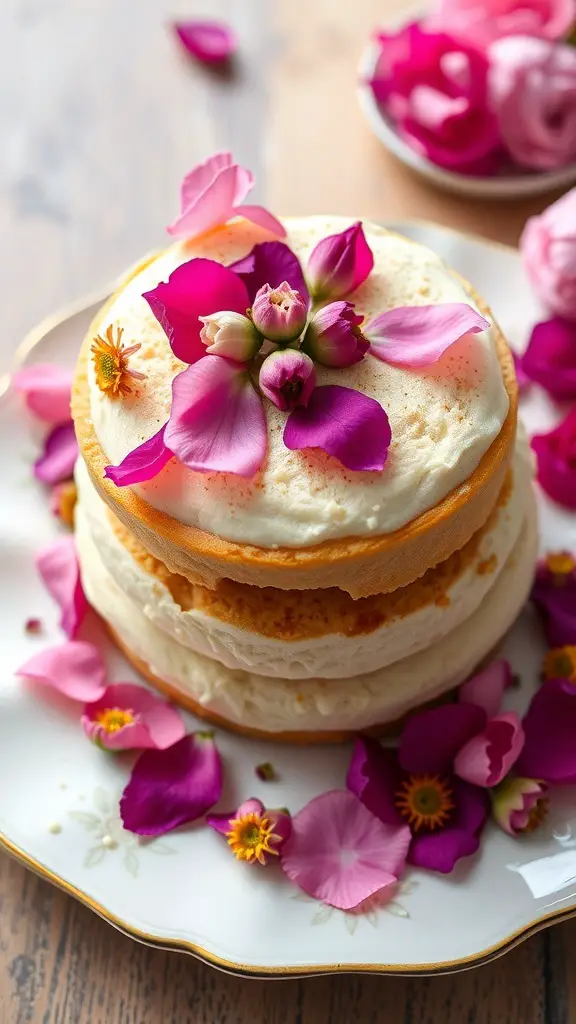 A beautiful Floral Petal Shortcake topped with colorful flower petals.