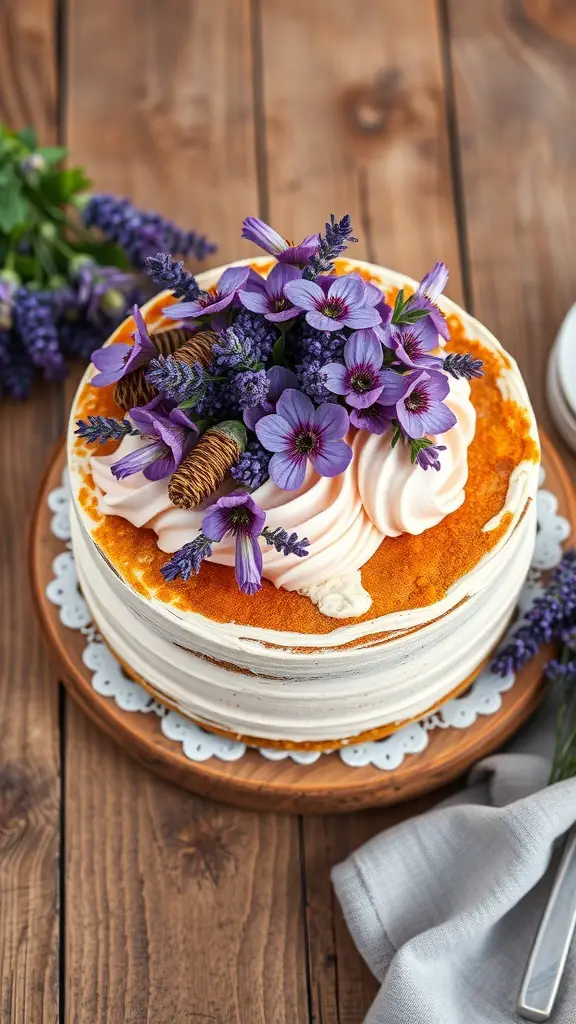 Lavender Honey Cake decorated with flowers on a wooden table