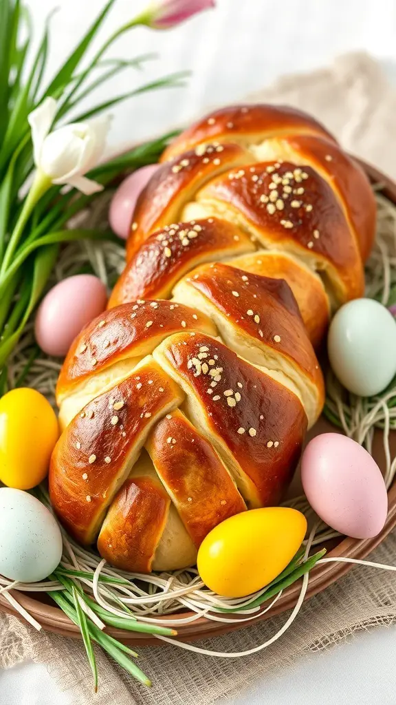 A braided Easter bread surrounded by colorful eggs and flowers.