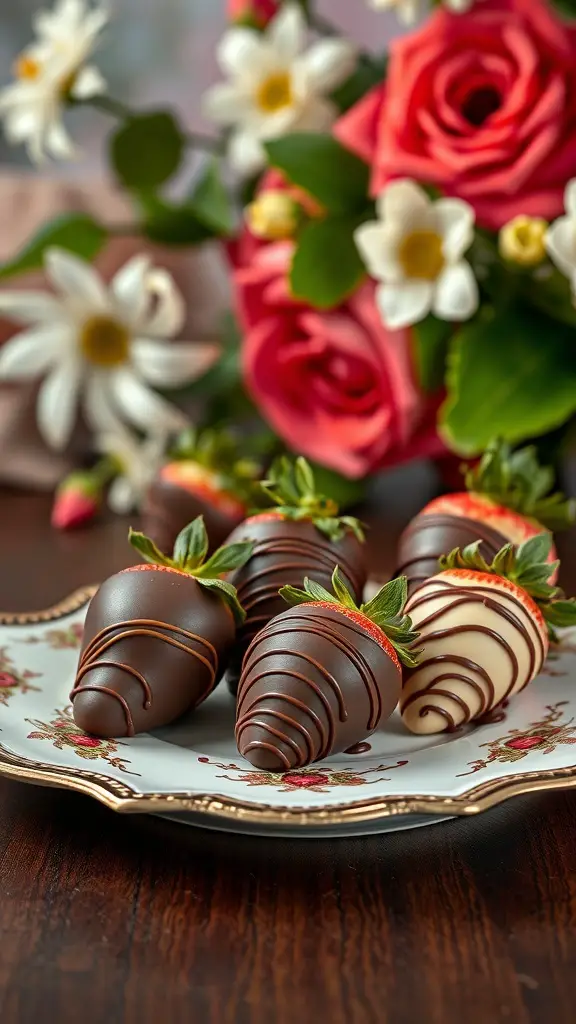 A plate of chocolate-covered strawberries decorated with flowers.